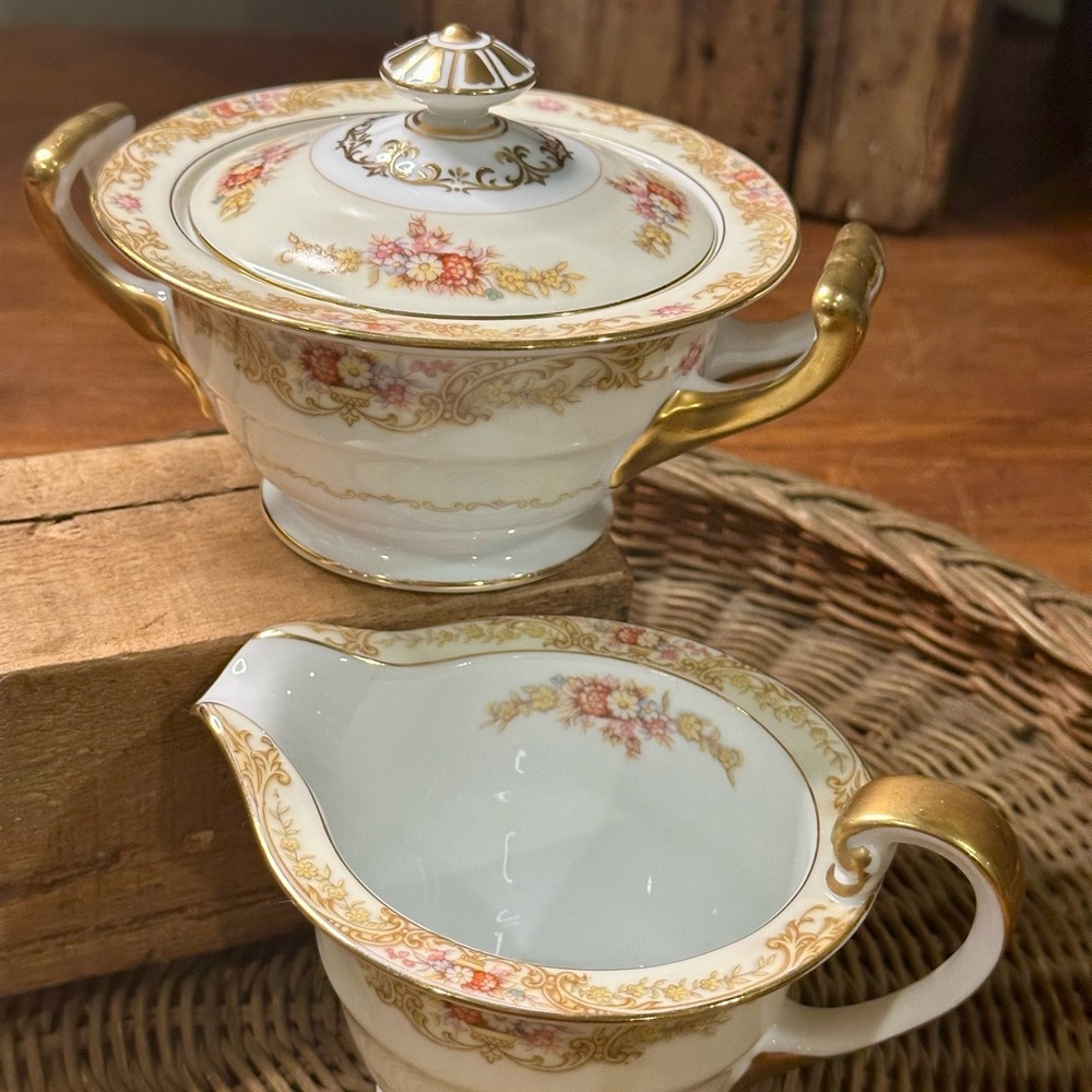 Vintage Noritake Trojan Gold and Cream Floral Sugar Bowl and Creamer Set